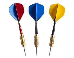 Set of Three Colorful Darts Perfectly Aligned Horizontally, isolated on transparent background.