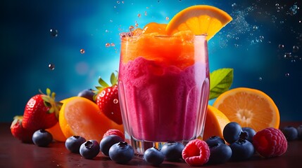 Vibrant layered fruit smoothie in glass surrounded by fresh strawberries raspberries blueberries oranges and grapefruit against a blue background with water droplets splashing