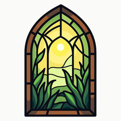 Stained Glass Window Depicting a Sunny Landscape with Green Fields and Hills Illustration