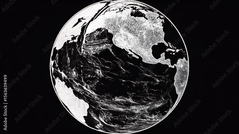 Poster animated grayscale earth globe rotating on black backdrop with continents and oceans rendered in int
