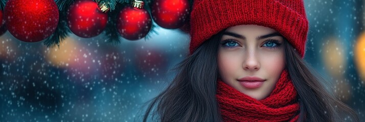 Young woman in red celebrates winter holidays in the snow