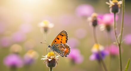 Obraz premium Close up of a butterfly resting on a small flower in a field during sunrise