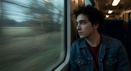 Pensive young man gazes out a train window, lost in thought as the landscape blurs past.