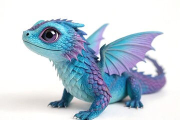 Fototapeta premium Delightful baby dragon figurine with blue and purple fantasy scales