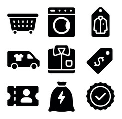 Laundry Services Icons. Solid, filled icons set of commercial laundry services: industrial basket, large