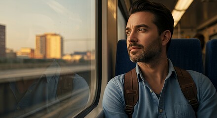 Pensive man gazes out a train window, lost in thought as the cityscape blurs past during golden hour.
