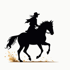 Silhouette of a Cowgirl Riding a Galloping Horse with Dust Kicking Up, Vector Illustration