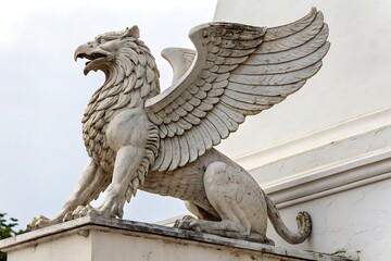 Impressive stone griffin sculpture guards an entry with wings extended