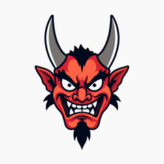 Cartoon Illustration of a Red Devil Head with Horns and Grinning Expression, Mascot Design