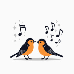 Fototapeta premium Two Cute Cartoon Birds Singing a Duet with Musical Notes and Sparkling Accents Illustration