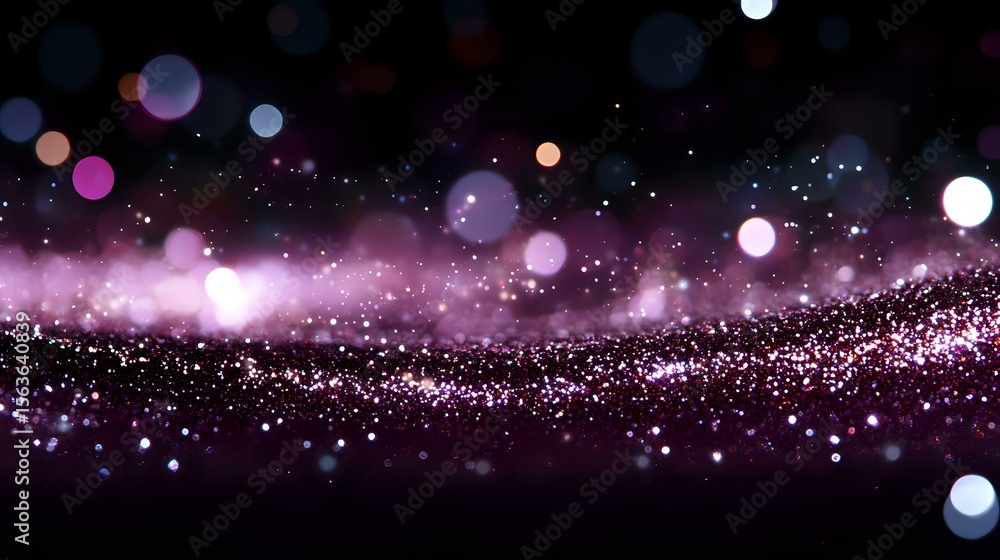 Poster pink and purple glowing particles with bokeh light effects on dark background create magical atmosph