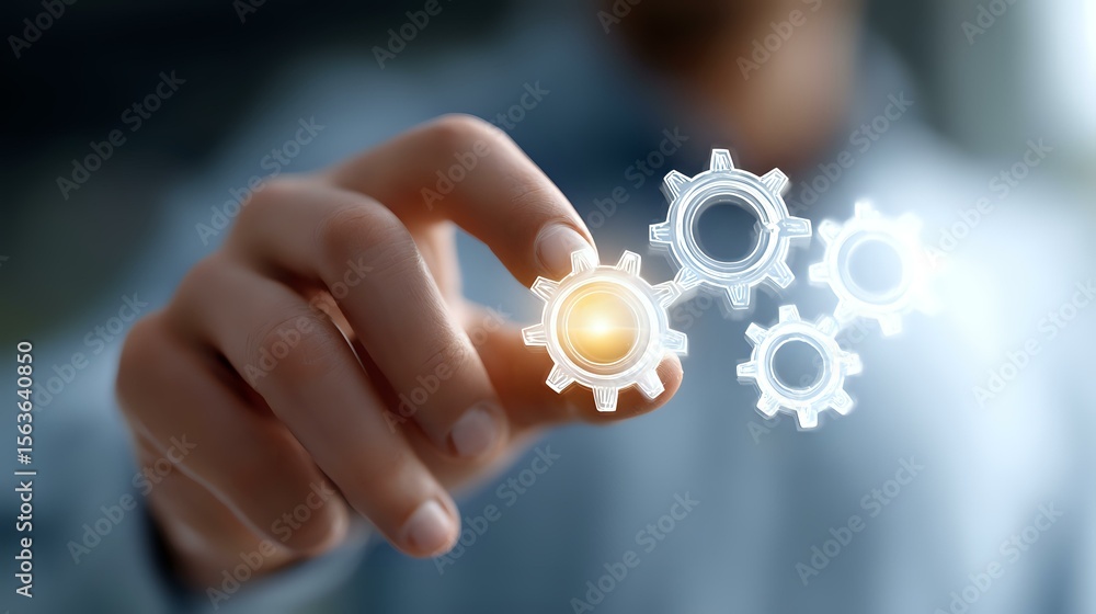 Poster glowing gear icons floating in air with hand reaching to touch mechanical cog wheel symbols, represe