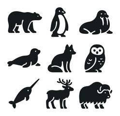 Arctic Animal Icons. Solid, filled icons set of Arctic and Antarctic animals: polar bear, penguin standing,