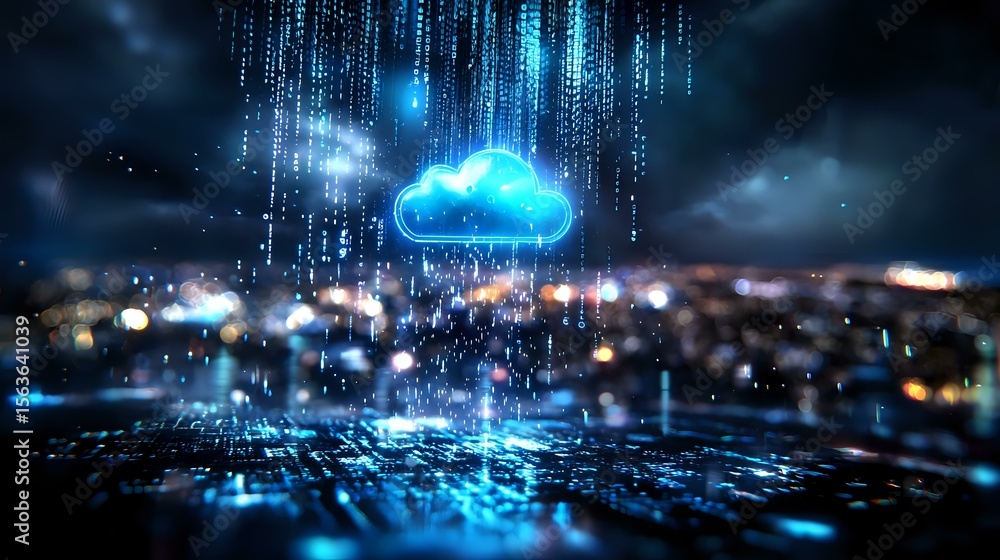 Poster glowing digital cloud symbol over night cityscape with binary code rain and network connections, rep
