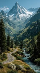 Obraz premium Majestic mountain landscape with winding road and clear stream in a serene valley during daylight