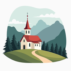 Scenic Landscape with a White Church and Red Roof Surrounded by Mountains and Trees Illustration