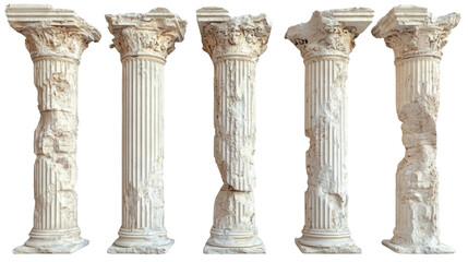 "Damaged Ancient Greek Column Isolated on White Background – Historic Architecture Fragment for Classical Ruins and Archaeological Design Concepts"

