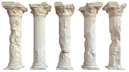 "Damaged Ancient Greek Column Isolated on White Background – Historic Architecture Fragment for Classical Ruins and Archaeological Design Concepts"

