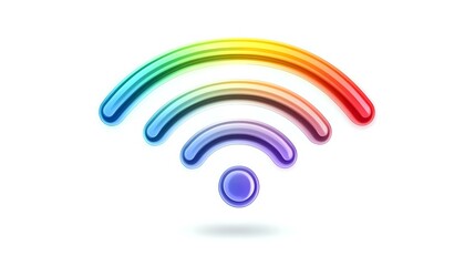 Fototapeta premium Colorful rainbow gradient wifi symbol with neon glow effect on white background, modern wireless technology concept for digital connectivity designs.