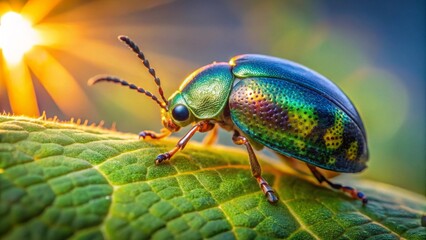 Naklejka premium Vibrant Jewel Beetle on Lush Green Leaf at Sunrise, a Close-Up Macro Shot