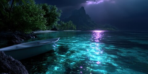 Nighttime serenity with a boat by the tranquil waters under a starry sky in a remote tropical paradise