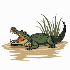 Fototapeta premium Cartoon Crocodile with Open Mouth Standing on Sand Near Grass Illustration