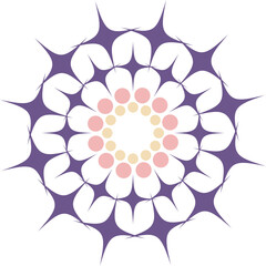 Purple mandala pattern vector illustration with modern badge and star petals for stickers