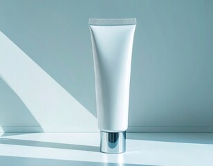 A sleek white cosmetic tube with a silver cap stands on a surface, illuminated by soft natural light casting geometric shadows on a pale blue background.
