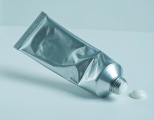 A metallic tube lies open with a small dollop of white cream on a light surface, suggesting a cosmetic or medicinal product.