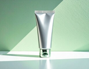 A sleek silver cosmetic tube stands upright on a white surface against a pastel green background with soft shadows.