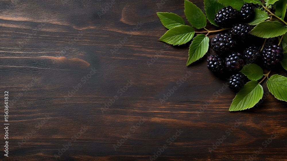 Poster fresh ripe blackberries with green leaves arranged in corner on dark wooden rustic background with c