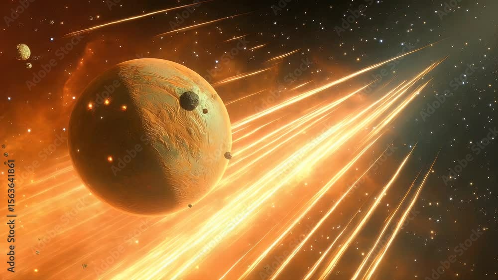 Poster an animated space scene features a planet surrounded by asteroids and glowing streaks of light again