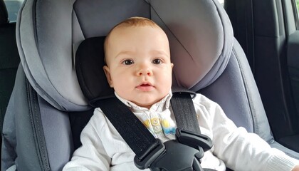 A baby securely strapped in a gray car seat, looking directly at the camera inside a vehicle.