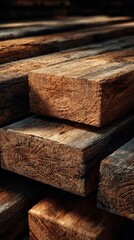 Wooden planks stacked in a sunlit warehouse showcasing textures and patterns in natural materials