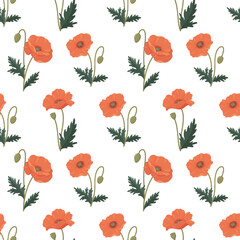 Poppies seamless vector pattern. Bright various poppies in flat style