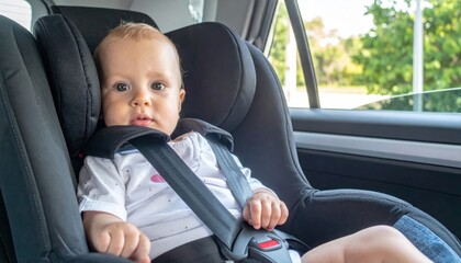 A baby secured in a car seat, wearing a white shirt, sitting inside a vehicle with a view of greenery outside the window.
