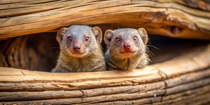Curious mongooses peering from a weathered wooden structure, their expressive eyes captivating and their fur blending seamlessly with the warm tones of the aged wood.