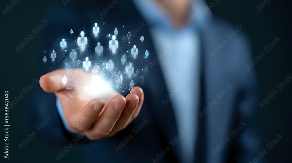 Poster professional in suit holding glowing network of connected people icons floating above palm, represen