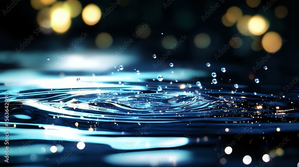 Poster mesmerizing water ripples with floating droplets creating concentric circles on dark surface, illumi