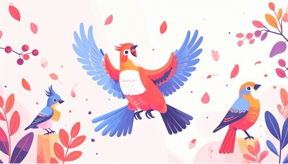 Three colorful, stylized birds perched and flying among vibrant branches and leaves in a whimsical, nature-inspired illustration.