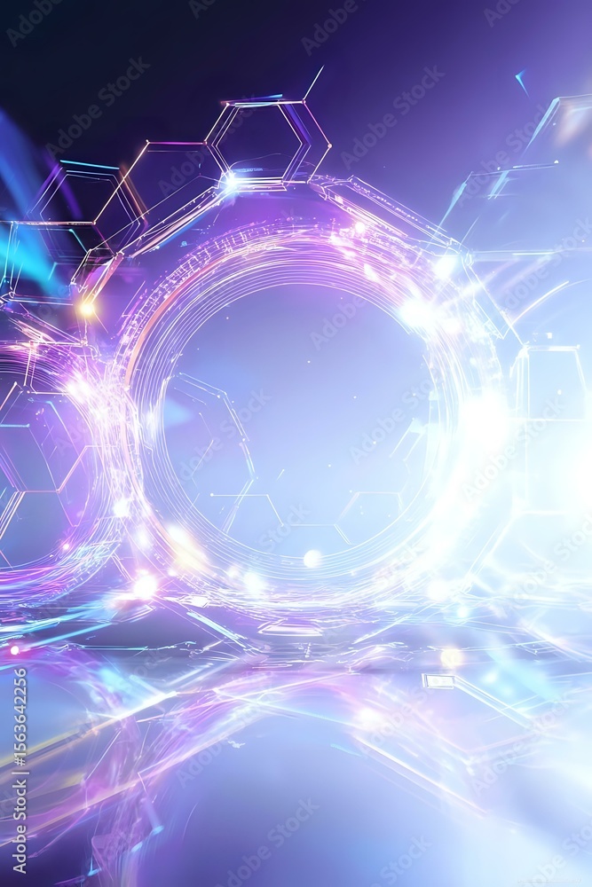 Poster glowing molecular structures and hexagonal shapes create futuristic portal effect with purple and bl