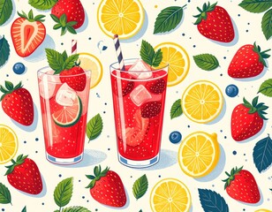 Two glasses of red fruit drinks with ice, strawberries, lemon slices, and mint leaves on a colorful pattern background of fruits and leaves.