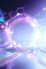 Obraz premium Glowing molecular structures and hexagonal shapes create futuristic portal effect with purple and blue light streams against dark background, suitable for tech concepts.
