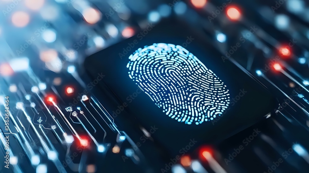 Poster glowing digital fingerprint scan on circuit board with red and blue lights, representing biometric s
