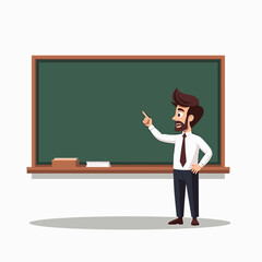 Cartoon Teacher Pointing at a Blank Chalkboard in a Classroom Illustration for Education and Learning