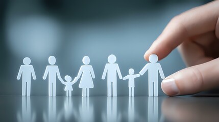 Paper cutout figures of diverse family members holding hands in row on reflective surface, finger pointing. Concept of family unity and support.