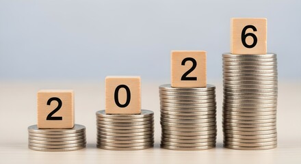 Wooden cubes displaying 2026 on increasing coin stacks, symbolizing business growth and financial prosperity for the new year.