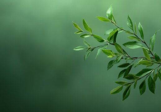 Fesh sprig of green ruskus with green leaves on a green color background with copy space. Generative AI