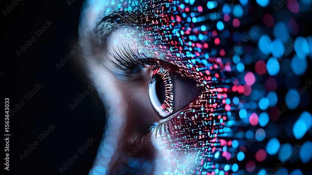 Poster close up view of human eye with digital data visualization effect, glowing blue and red particles cr
