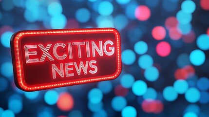 A glowing red neon sign reading "EXCITING NEWS" against a blurred background of colorful blue and pink bokeh lights.